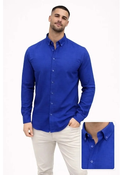 Modi Green Erkek Keten Kumaş Oversize Uzun Kollu Rahat Kalıp Gömlek - Saks M Saks Mavisi