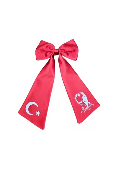 Ay Yıldız Atatürk Baskılı Fiyonklu Kırmızı Saç Tokası Kırmızı