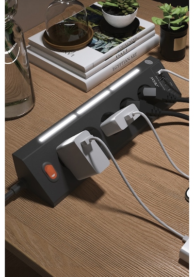 Fulltech FTR-26 Akım Korumalı Priz Siyah 9’lu (5 Priz + 2 USB-A + 2 USB-C) 3680W 16A, 2 Metre Kablolu, Gece Lambalı Çoklu Priz -