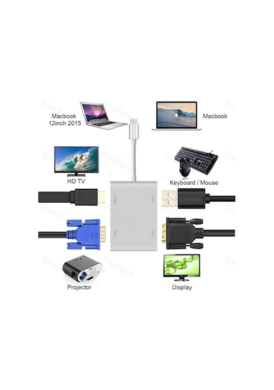 Type C To Hdmı Vga Dvı Usb 3.0 4498P Çevirici Adaptör Apple Uyumlu MacBook Hub