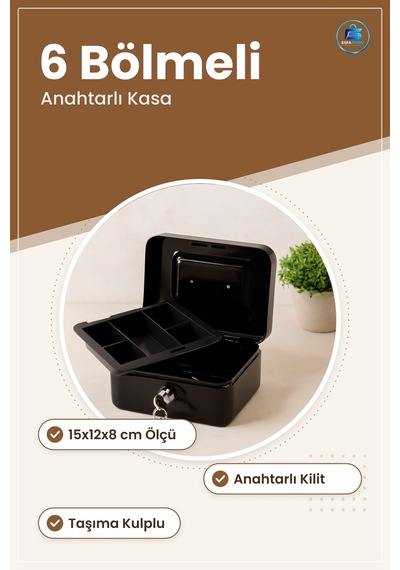 Kasa Anahtarlı Metal Para Kutusu 15x12x8 Cm 6 Bölmeli Taşıma Kulp