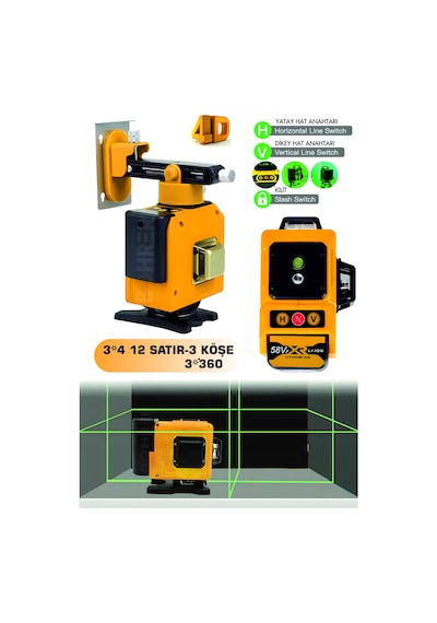 Böhrer Bh10003 Telefon Bağlantılı 12 Satır 3 Köşe 360 2 Bataryalı Profesyonel Yeşil Lazer Hizalama Makinesi