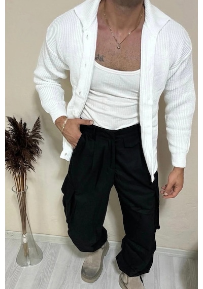 Tarz Cool Erkek Düğme Detaylı Regular Fit Hırka Beyaz