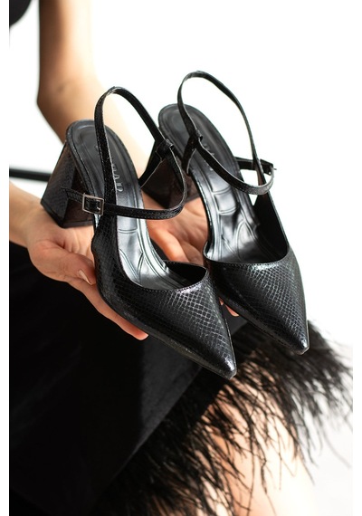 Dabab Shoes Tamara Kadın Siyah Yılan Desenli Sivri Burun Bilekten Bantlı 7 Cm Kalın Topuklu Slingback Ayakkabı
