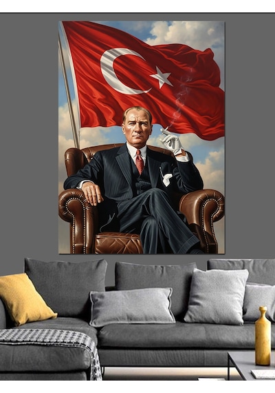 Ahşap Tablo Koltukta Oturan Gururlu Atatürk Portresi