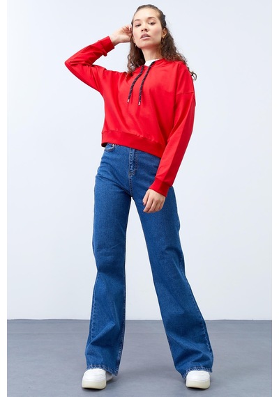 Tommy Life Kırmızı Uzun Kol Rahat Form Kapüşonlu Kadın Sweatshirt - 97115 Kırmızı