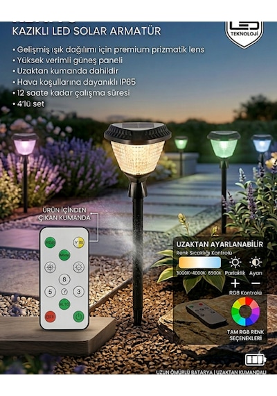 Kumandalı Rgb Solar Kazıklı Dış Mekan 30 W Su Geçirmez