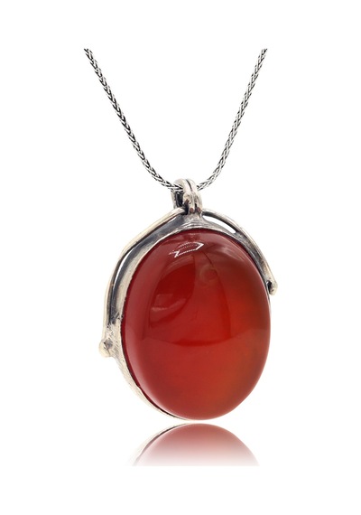 Orijinal Akik Taşlı Oval Model El İşi Otantik Gümüş Kadın Kolye 201025478