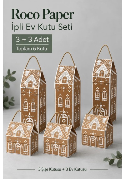 Yılbaşı Ev Temalı İpli Hediye Kutusu Ve Şişelik Seti - 6 Adet 3+3 , Yeniyıl Kurabiye Ev Temalı Set