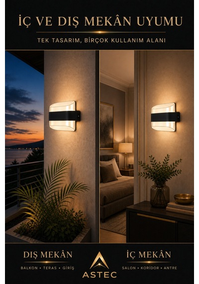 Astec Elit 12w Kavisli Elektrikli Led Duvar Aplik 3200k Gün Işığı İç Dış Mekan Balkon Bahçe Su Toz Geçirmez