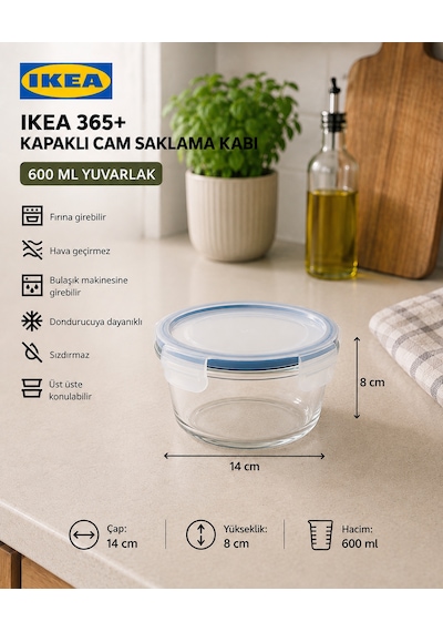 Trev Saklama Kabı Cam 600 Ml Yuvarlak Vakumlu Sızdırmaz Hava Geçirmez Plastik Kapaklı Şeffaf Gıda Saklama Kabı