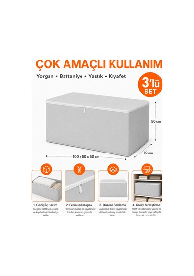 Hurç Seti Yorgan Hurcu 3 Lü Hurç Büyük Boy Battaniye Kıyafet Saklama Baza Altı Dolap İçi Organizer Gri