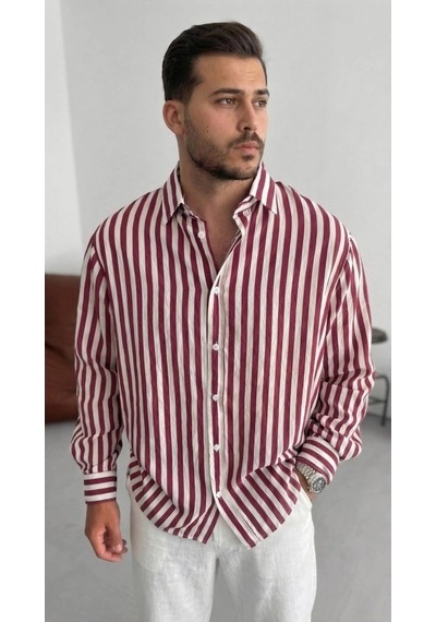 Valensdesign Erkek Dikey Çizgili Yarım Oversize Gömlek Bord