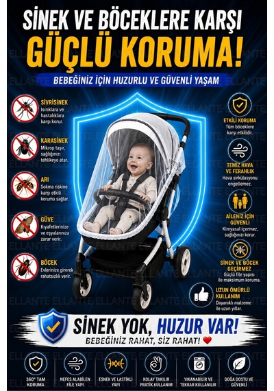 Bebek Arabası Sinekliği Evrensel Uyumlu Koruyucu File 360 Tam Koruma