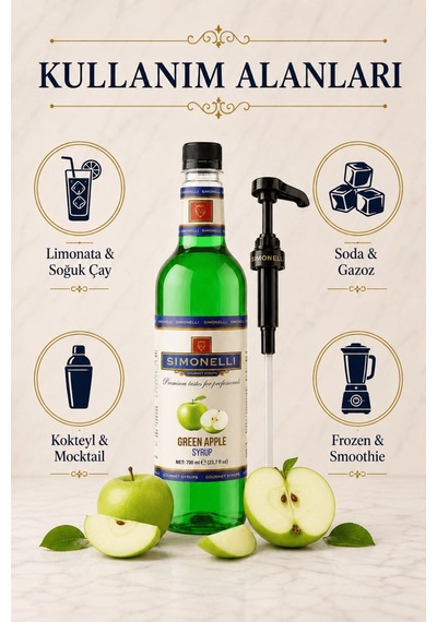 Simonelli Yeşil Elma Kahve Şurubu 700 ML İçecek ve Kokteyl Şurubu + Pompa
