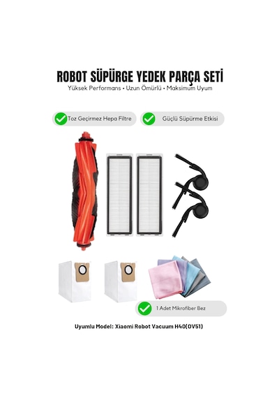 Robot Vacuum H40 Ov51 İle Uyumlu 1 Ana Fırça 2 Yan Fırça 2 Filtre 2 Toz Torbası 1 Temizlik Bezi 15.0
