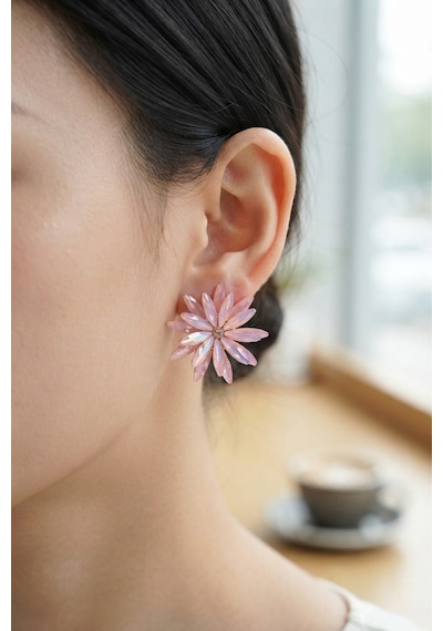 Lotus Model Pembe Renk Kristal Taşlı Kadın Küpe - Lisinya