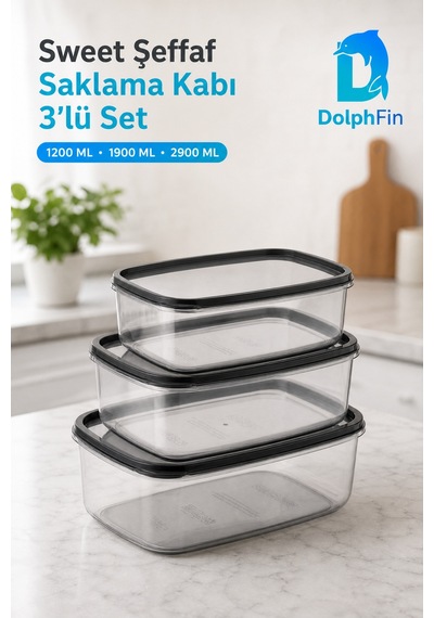 Sweet Şeffaf Saklama Kabı 3'lü Set Siyah 25 18 9 Cm