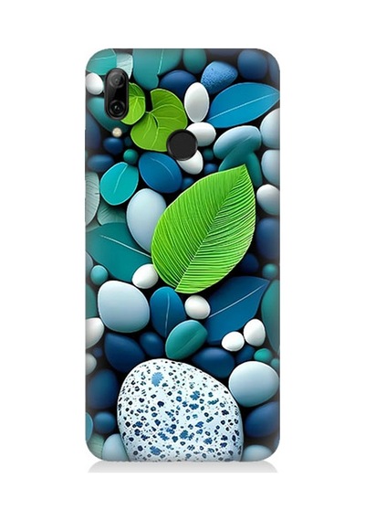 Huawei P Smart 2019 Uyumlu Silikon Kılıf Mavi Turkuaz Taşlar Ve Yeşil Yaprak