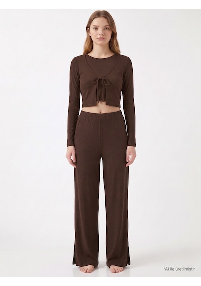 Cottonill Premium - Serene Collection Kahverengi Rib Dokulu Önden Bağlamalı Viskon 3'lü Kadın Pijama Takımı