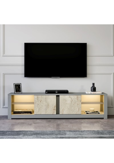 Aydos LED Işıklı Modern TV Sehpası – Cam Raflı, 2 Kapaklı, 180 cm, Gri/Traverten