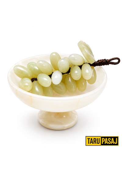 Feng Shui Bereket Üzümü Ve Van Taşı Ayaklı Çanak Seti 30 Taneli Doğal Taş Üzüm Salkımı Dekor 5 İnç El Yapımı Çanak Yeşil