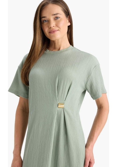 Defacto Regular Fit Bisiklet Yaka Basic Düz Bürümcük Kısa Kollu Midi Elbise E7330ax25smgn1107 Yeşil