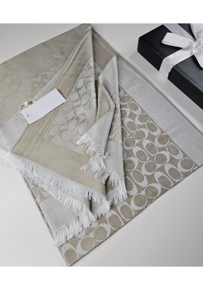 Miorel Scarfs C Desen Çift Taraflı Kaşmir İpek Şal 4 Mevsim Pamuk Şal Bej Krem