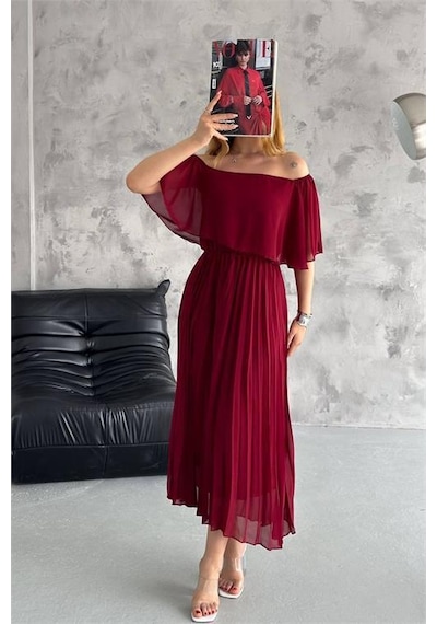 Dip Moda Kadın Astarlı Piliseli Şifon Elbise Dpk2099 Bordo