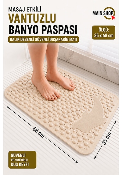 Mainshop 1 Adet Vantuzlu Banyo Ve Duş Kaydırmazı Duşa Kabin Küvet Içi Paspası Balık Desenli 35 X 68 Cm M-10 Bej