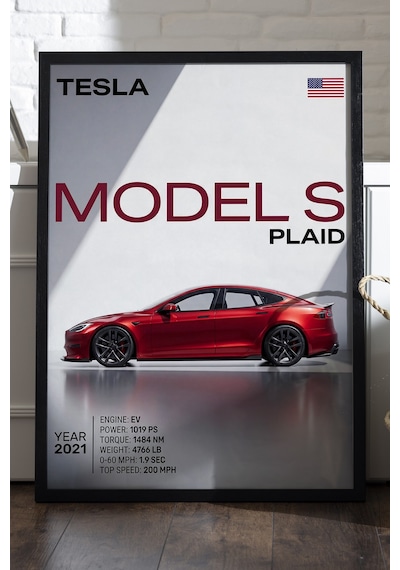 Tesla Model S Plaid Siyah Ahşap Çerçeveli Poster, Dekoratif Araba Duvar Tablosu