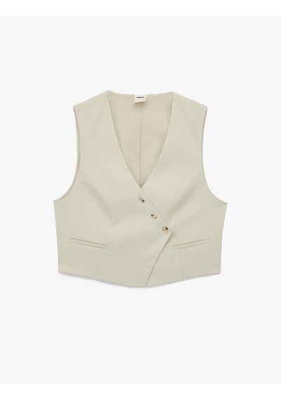 Koton Viskon Kupro Kumaş Asimetrik Kruvaze Crop Yelek Taş 6sak20018pw