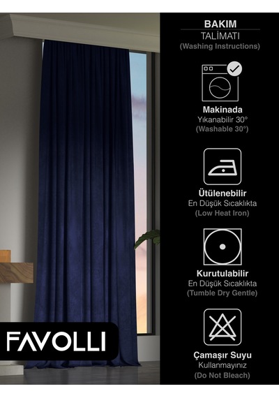 Br Favolli Kadife Dokulu Lacivert Ada Fon Perde Ekstrafor Büzgülü Dream Series Lacivert