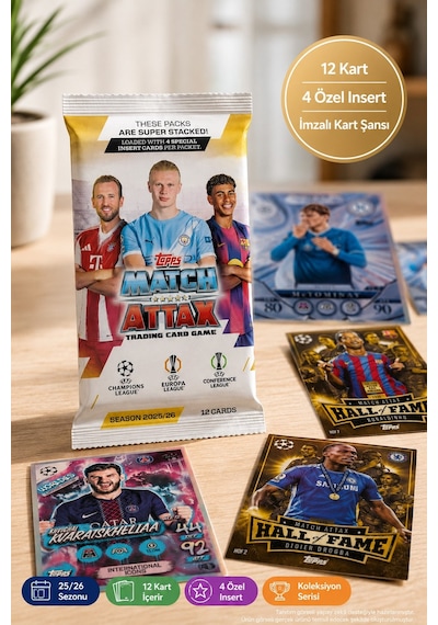 Topps Match Attax 25/26 Uefa Futbol Koleksiyon Kartı 1 Adet Sürpriz Paket 12 Kart 4 Özel Insert