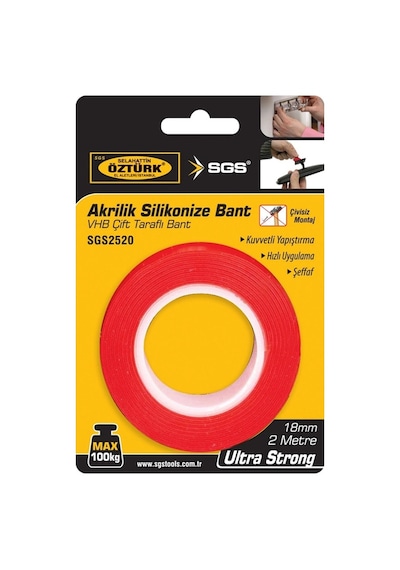 Sgs Akrilik Silikonize Bant, Vhb Çift Taraflı Bant, 2mt X 18mm