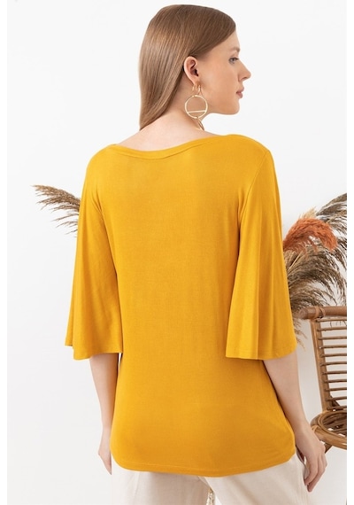 Aqe Fashion Kadın Hardal Kolu Volanlı Kayık Yaka Bluz-Hardal