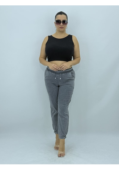 Motivation Büyük Beden Yüksek Bel Lastikli İpli Paça Detaylı Likralı Mom Kadın Pantolon Gri