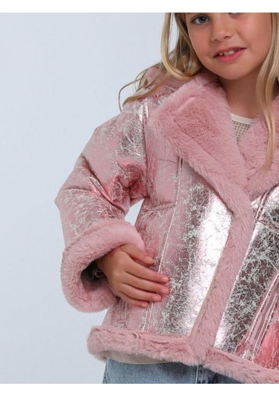 Escabel Kız Çocuk Parlak Kumaş İçi Peluş Detaylı Tasarım Mont-14266 Pembe