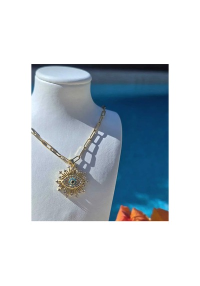 Lunarie Göz Figürlü Nazar Vintage Kolye 14k Gold Çerçeve Işınsal Altın