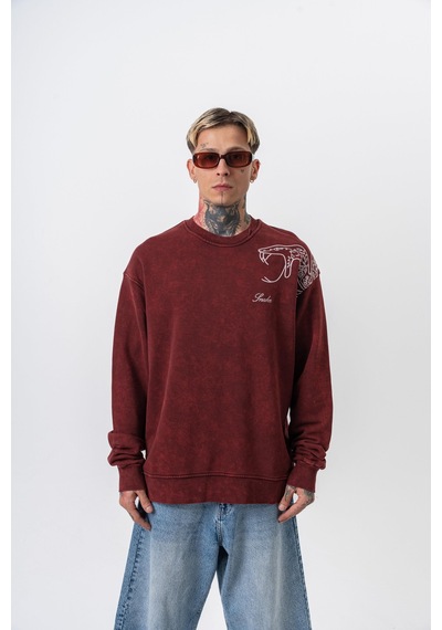 Respire Erkek Snake Nakışlı Yıkamalı Bisiklet Yaka Oversize Sweatshirt Bordo
