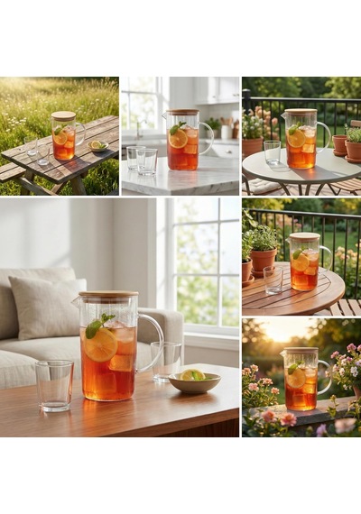 1000 Ml Bambu Kapaklı Borosilikat Cam Yağlık Ve Sürahi - Isıya Dayanıklı Çizgili Line Desenli Modern Meşrubat Ve Su Karafı 9x17 Cm Çok Renkli