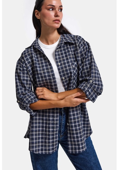 Kadın Gri Laci Ekose W6-54 Oversize Gömlek Lacivert