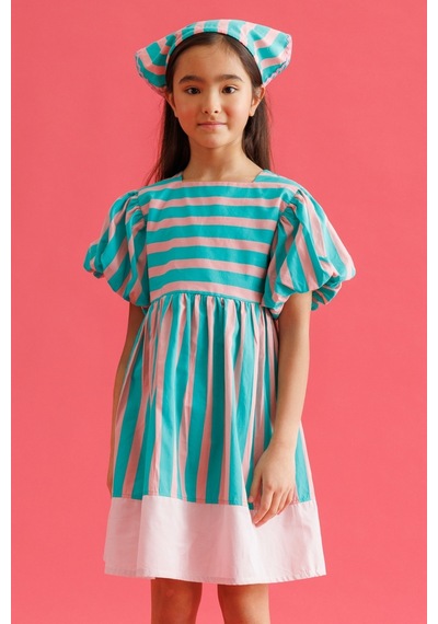 Le Mabelle Mint Çizgili Kız Çocuk Poplin Elbise - Juno Mint