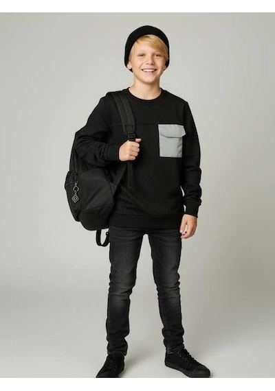 Zekids Erkek Çocuk Cep Detaylı Pamuklu İnce Sweatshirt-16650 Siyah
