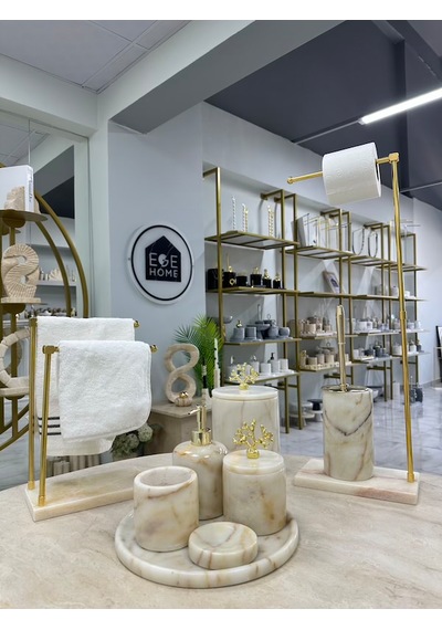 Dekoratif Doğal Şeker Mermer 9 Parça Gold Mercan Banyo Seti