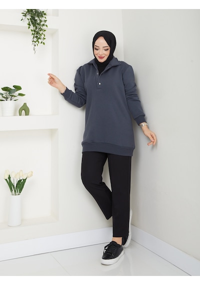Raika Moda Kapşonlu 3 İplik Büyük Beden Tesettür Sweatshirt Antrasit