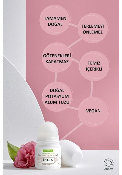 INCIA %100 Doğal Roll On Deodorant Kadınlar İçin Ter Kokusu Önleyici Leke Yapmayan 50 ML