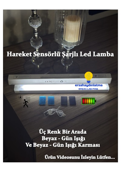 Hareket Sensörlü Şarjlı Led Lamba 30 Cm Gün Işığı - Beyaz Çift Renk