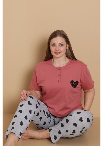 Wordex Mirano 4515 Kalpli Kısa Kollu Pamuklu Penye Büyük Beden Kadın Pijama Takımı Gül Kurusu Wordex Mirano 4515 Kalpli Kısa Kollu Pamuklu Penye Büyük Beden Kadın Pijama Takımı Gül Kurusu