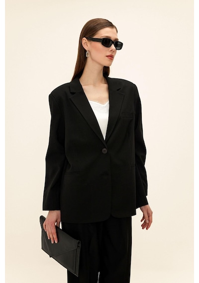 Olcay Mono Yaka Oversize Blazer Ceket Siyah 8262